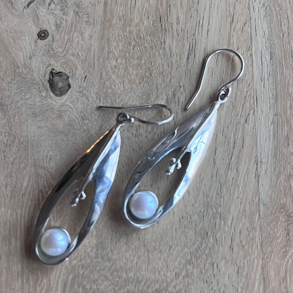 Vintage HG Isreal 925 Hagit Gorali sterling and pearl drop earrings - modernist - Picture 7 of 7